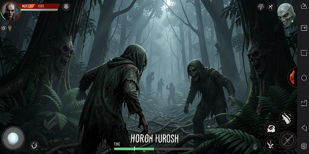 Antarmuka mencekam NOX123 di dalam hutan misterius.