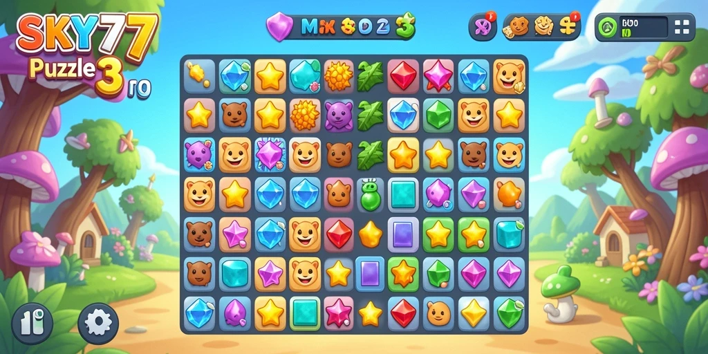 Antarmuka menarik dari SKY77 yang menunjukkan level permainan Puzzle Match-3.